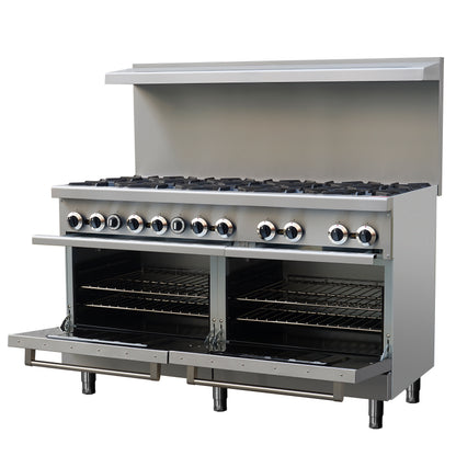 Forno Commerciale 60 Inch Stainless Steel Gas Range, 10 Burners 300,000 BTU Total, 9.3 cu.ft. Ovens - Forno Appliances