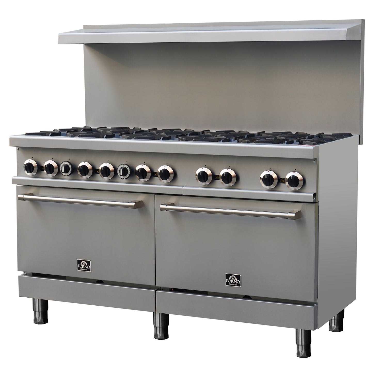 Forno Commerciale 60 Inch Stainless Steel Gas Range, 10 Burners 300,000 BTU Total, 9.3 cu.ft. Ovens - Forno Appliances