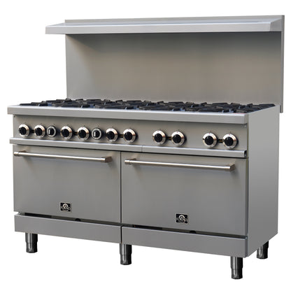 Forno Commerciale 60 Inch Stainless Steel Gas Range, 10 Burners 300,000 BTU Total, 9.3 cu.ft. Ovens - Forno Appliances