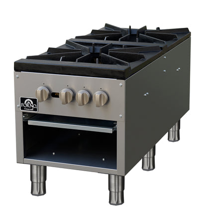 Forno Commerciale gas stock pot range, 2 powerful 3-ring burners, 160,000 BTU, durable stainless steel, heavy-duty cast iron grates - Forno Appliances
