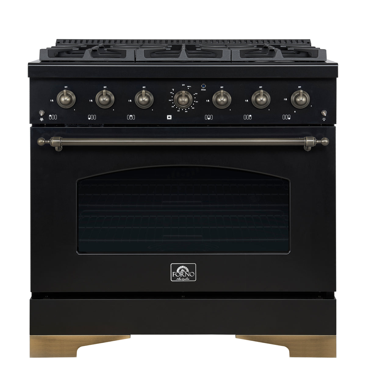 Forno Antico 36-inch Dual Fuel Range, Black and Antique Brass, 6 Burners, 4.5 cu.ft. Convection Oven - Forno Appliances