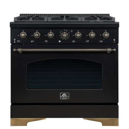 Forno Antico 36-inch Dual Fuel Range, Black and Antique Brass, 6 Burners, 4.5 cu.ft. Convection Oven - Forno Appliances