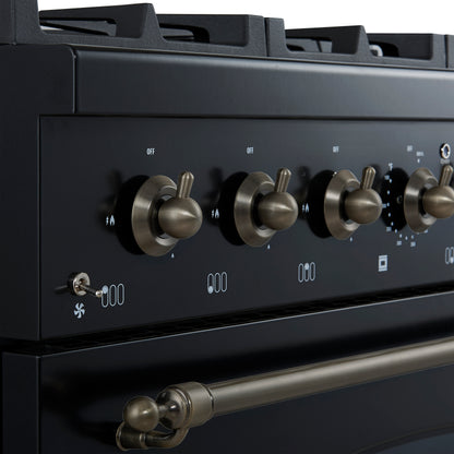 Forno Antico 36-inch Dual Fuel Range, Black and Antique Brass, 6 Burners, 4.5 cu.ft. Convection Oven - Forno Appliances