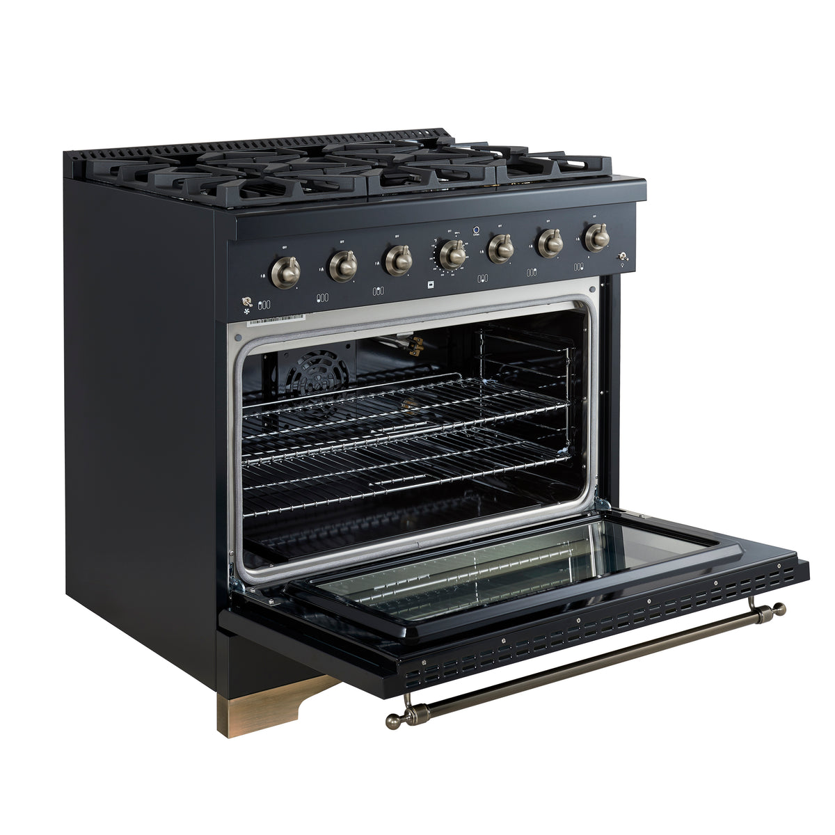 Forno Antico 36-inch Dual Fuel Range, Black and Antique Brass, 6 Burners, 4.5 cu.ft. Convection Oven - Forno Appliances