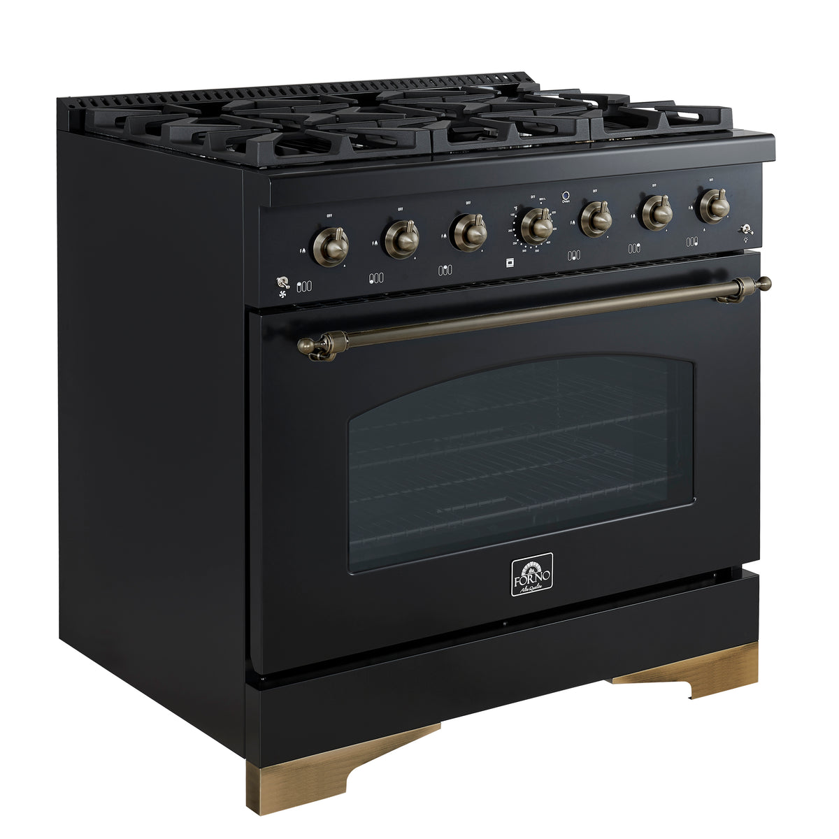 Forno Antico 36-inch Dual Fuel Range, Black and Antique Brass, 6 Burners, 4.5 cu.ft. Convection Oven - Forno Appliances