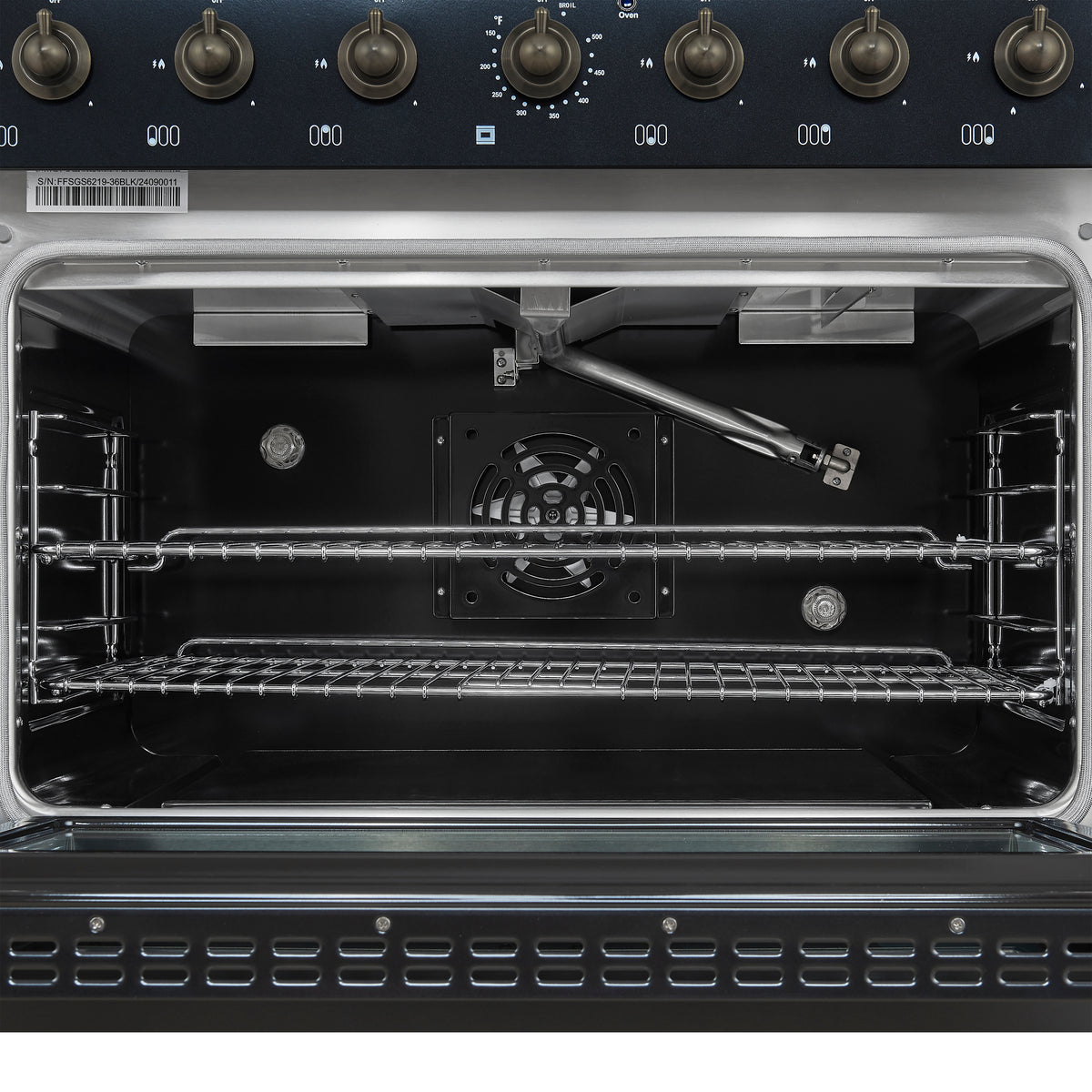Forno Antico 36-inch Dual Fuel Range, Black and Antique Brass, 6 Burners, 4.5 cu.ft. Convection Oven - Forno Appliances