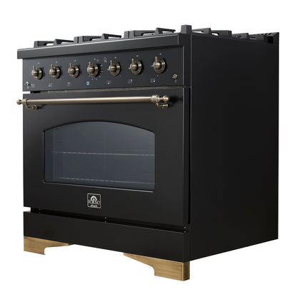 Forno Antico 36-inch Dual Fuel Range, Black and Antique Brass, 6 Burners, 4.5 cu.ft. Convection Oven - Forno Appliances