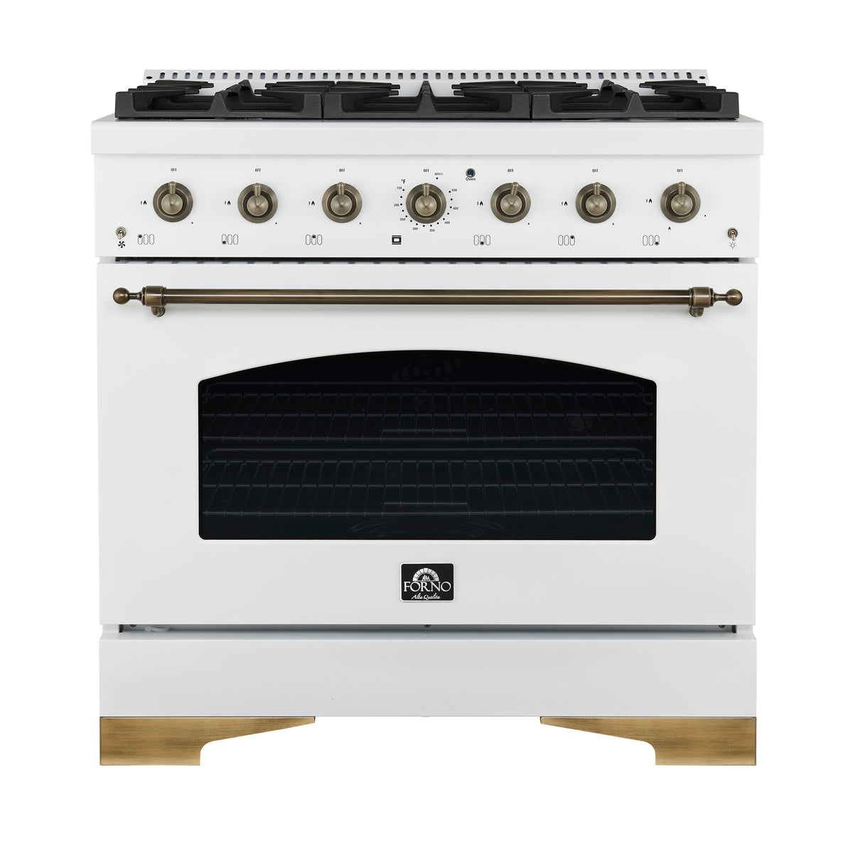 Forno Antico cuisinière mixte 36 pouces blanche et laiton vieilli avec 6 brûleurs à gaz scellés et four à convection électrique - Forno Appliances