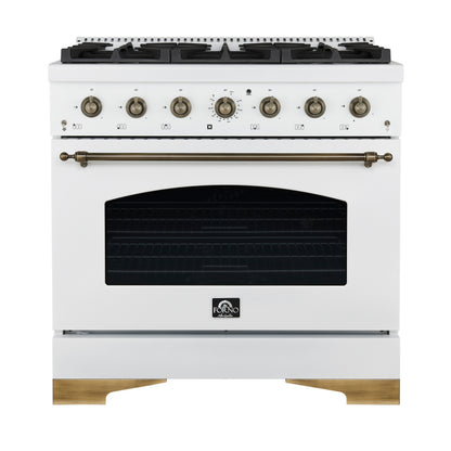 Forno Antico cuisinière mixte 36 pouces blanche et laiton vieilli avec 6 brûleurs à gaz scellés et four à convection électrique - Forno Appliances