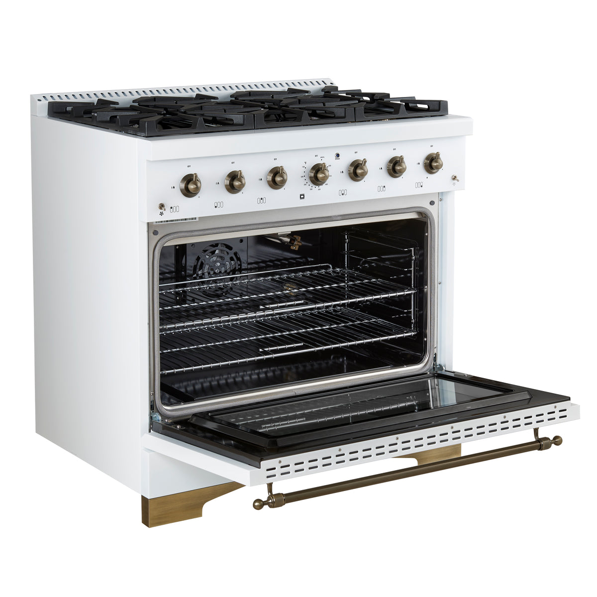 Forno Antico cuisinière mixte 36 pouces blanche et laiton vieilli avec 6 brûleurs à gaz scellés et four à convection électrique - Forno Appliances