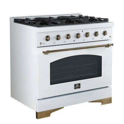Forno Antico cuisinière mixte 36 pouces blanche et laiton vieilli avec 6 brûleurs à gaz scellés et four à convection électrique - Forno Appliances