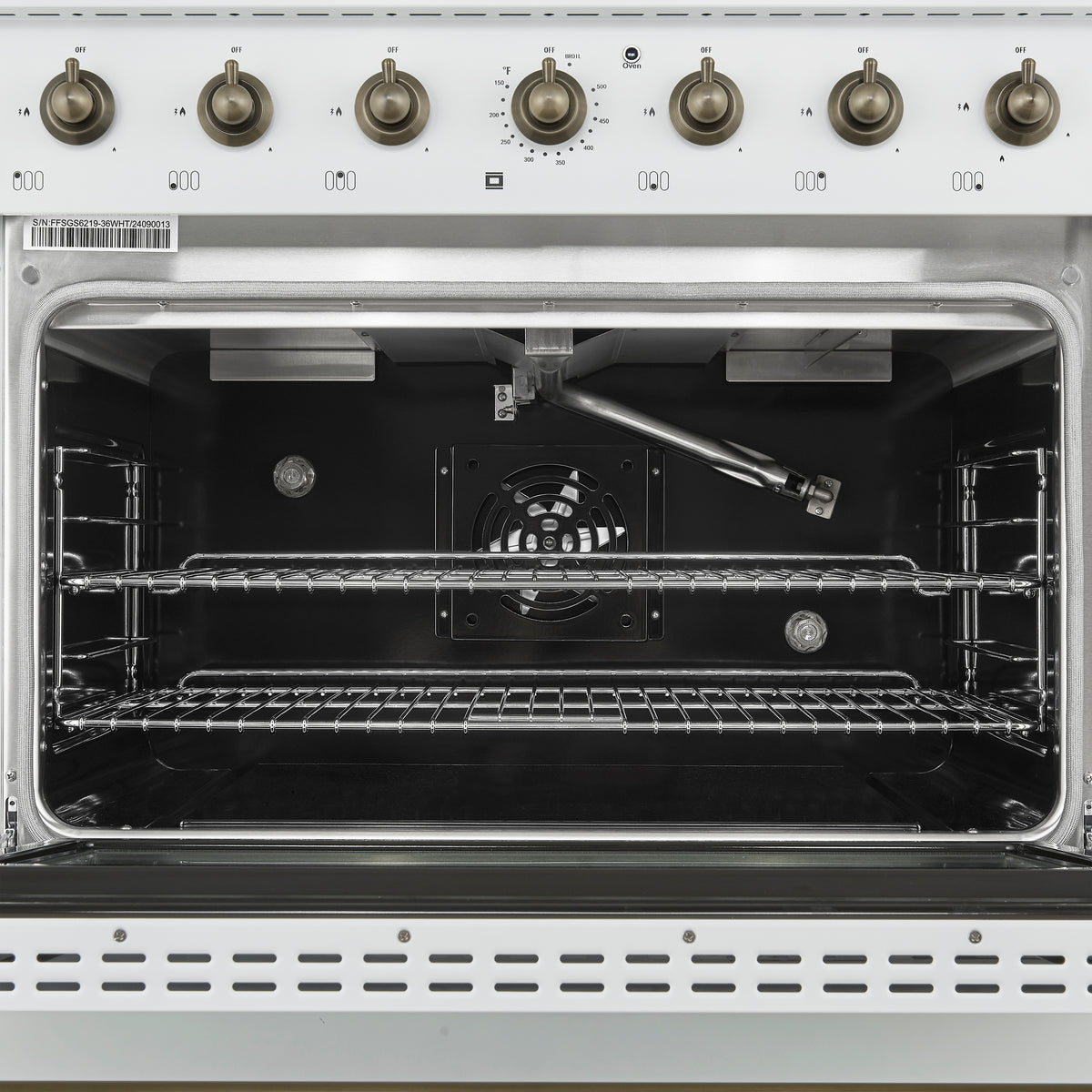 Forno Antico cuisinière mixte 36 pouces blanche et laiton vieilli avec 6 brûleurs à gaz scellés et four à convection électrique - Forno Appliances