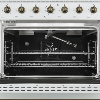 Forno Antico cuisinière mixte 36 pouces blanche et laiton vieilli avec 6 brûleurs à gaz scellés et four à convection électrique - Forno Appliances