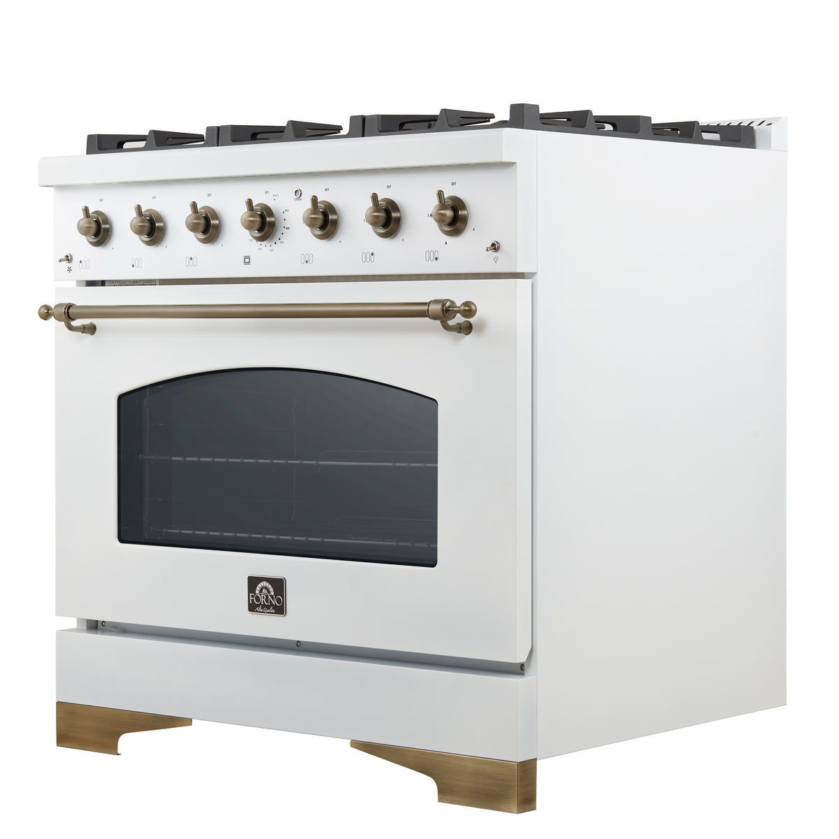Forno Antico cuisinière mixte 36 pouces blanche et laiton vieilli avec 6 brûleurs à gaz scellés et four à convection électrique - Forno Appliances