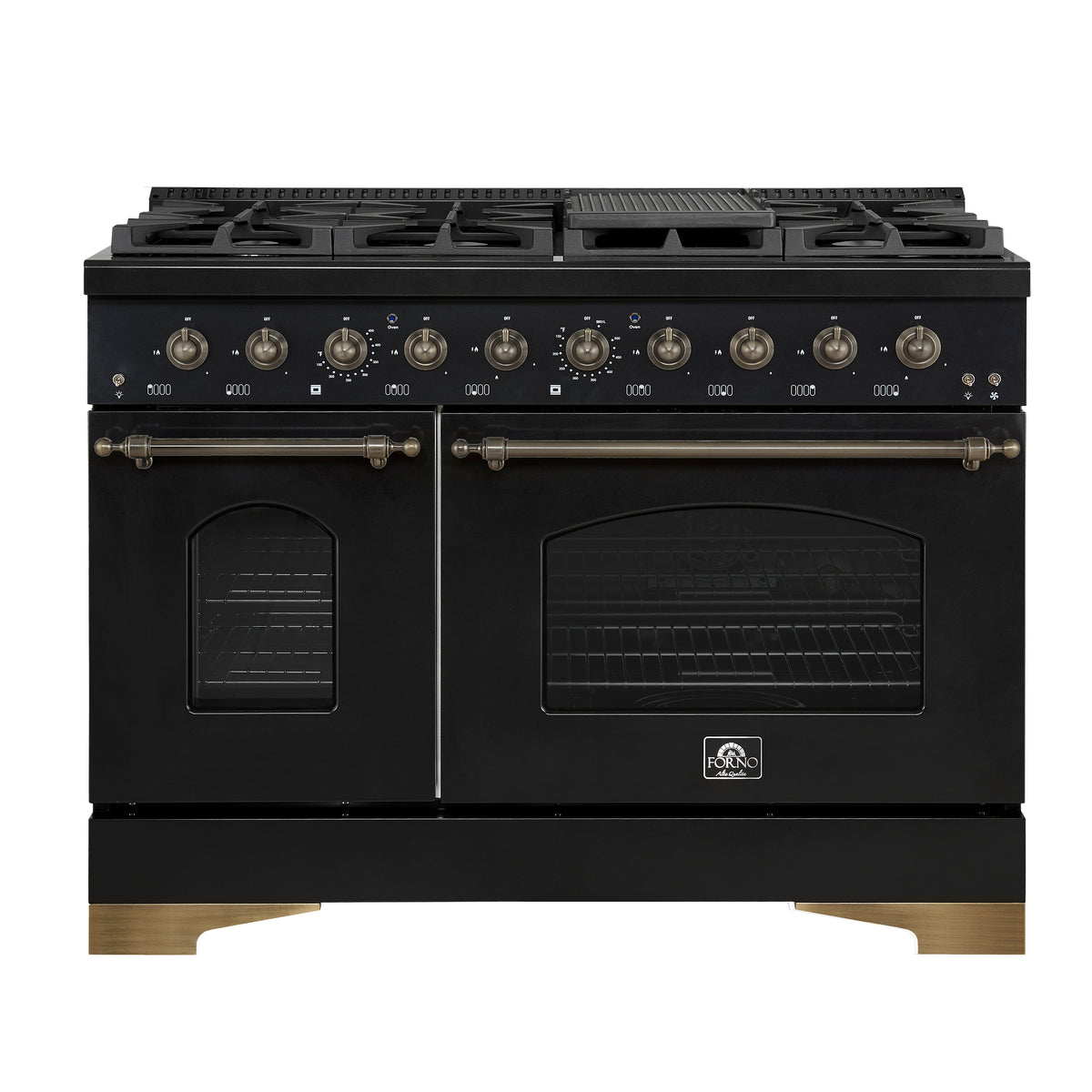 Forno Antico 48-Inch Dual Fuel Range, Black with Antique Brass Finish, 8 Burners, 94,000 BTU, 5.5 cu.ft. Double Ovens & Griddle - Forno Appliances