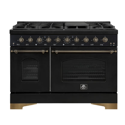 Forno Antico 48-Inch Dual Fuel Range, Black with Antique Brass Finish, 8 Burners, 94,000 BTU, 5.5 cu.ft. Double Ovens & Griddle - Forno Appliances