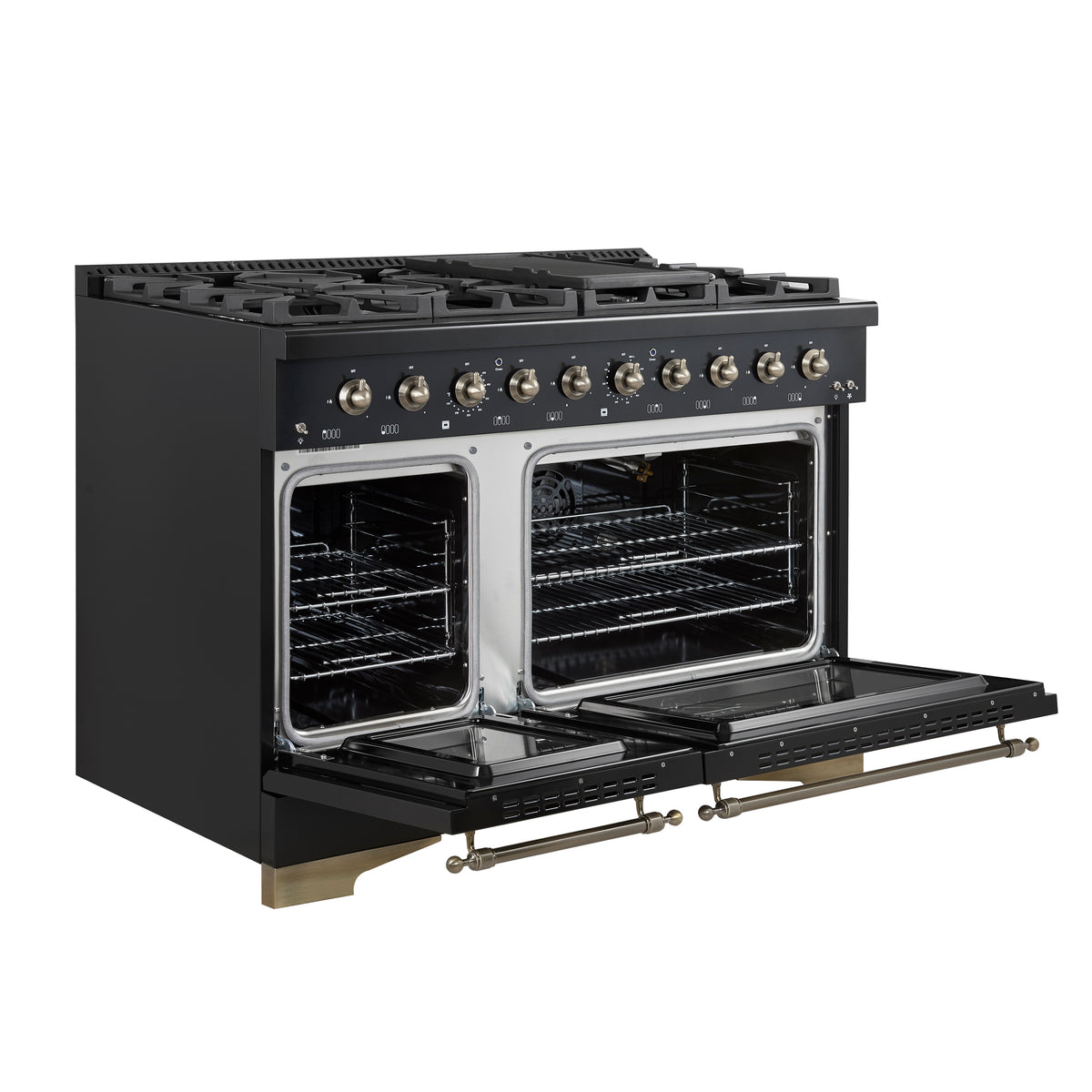 Forno Antico 48-Inch Dual Fuel Range, Black with Antique Brass Finish, 8 Burners, 94,000 BTU, 5.5 cu.ft. Double Ovens & Griddle - Forno Appliances