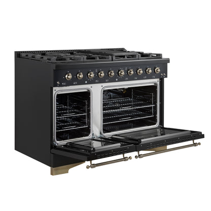 Forno Antico 48-Inch Dual Fuel Range, Black with Antique Brass Finish, 8 Burners, 94,000 BTU, 5.5 cu.ft. Double Ovens & Griddle - Forno Appliances