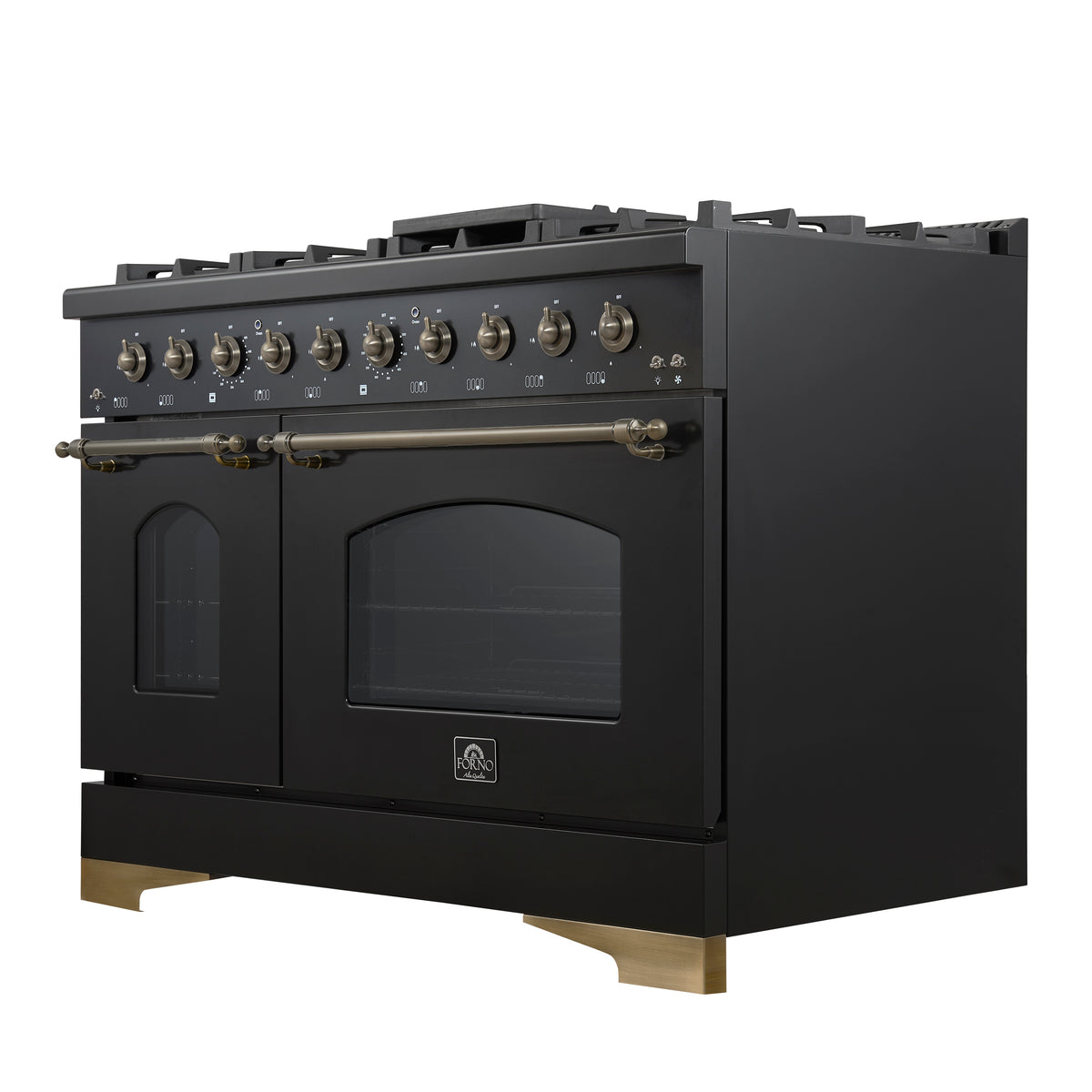 Forno Antico 48-Inch Dual Fuel Range, Black with Antique Brass Finish, 8 Burners, 94,000 BTU, 5.5 cu.ft. Double Ovens & Griddle - Forno Appliances