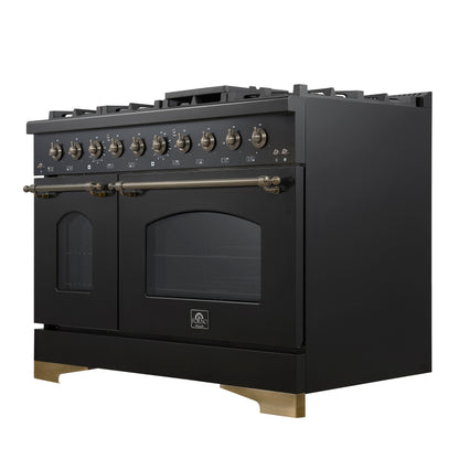 Forno Antico 48-Inch Dual Fuel Range, Black with Antique Brass Finish, 8 Burners, 94,000 BTU, 5.5 cu.ft. Double Ovens & Griddle - Forno Appliances