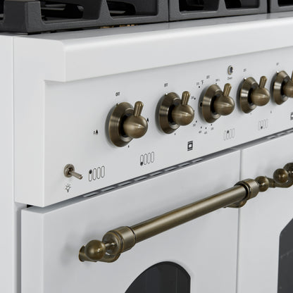 Forno Antico 48-Inch Dual Fuel Range, White with Antique Brass Finish, 8 Burners, 94,000 BTU, 5.5 cu.ft. Double Ovens & Griddle - Forno Appliances