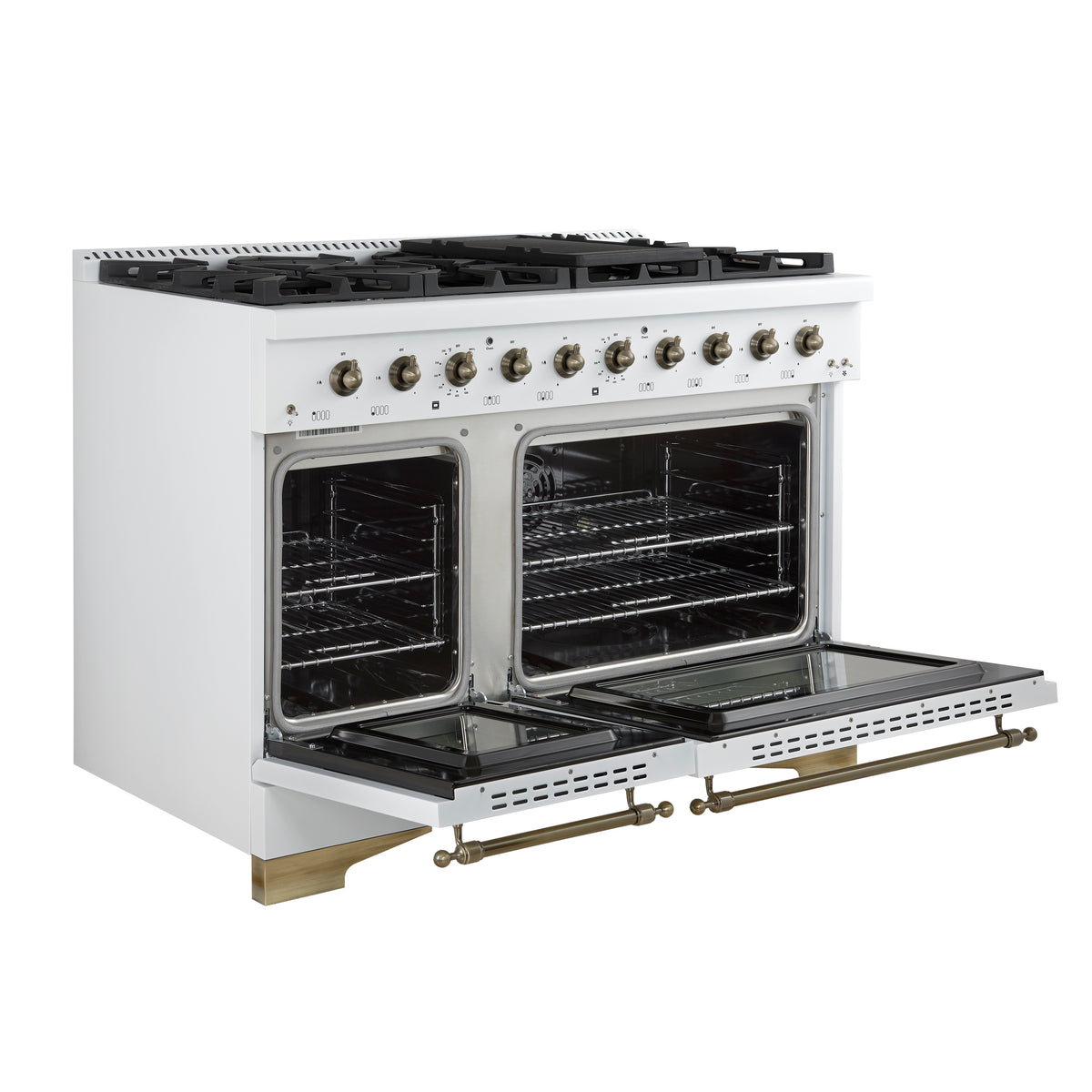 Forno Antico 48-Inch Dual Fuel Range, White with Antique Brass Finish, 8 Burners, 94,000 BTU, 5.5 cu.ft. Double Ovens & Griddle - Forno Appliances