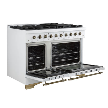 Forno Antico 48-Inch Dual Fuel Range, White with Antique Brass Finish, 8 Burners, 94,000 BTU, 5.5 cu.ft. Double Ovens & Griddle - Forno Appliances
