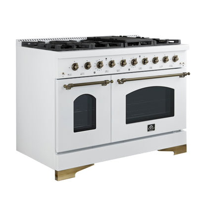 Forno Antico 48-Inch Dual Fuel Range, White with Antique Brass Finish, 8 Burners, 94,000 BTU, 5.5 cu.ft. Double Ovens & Griddle - Forno Appliances