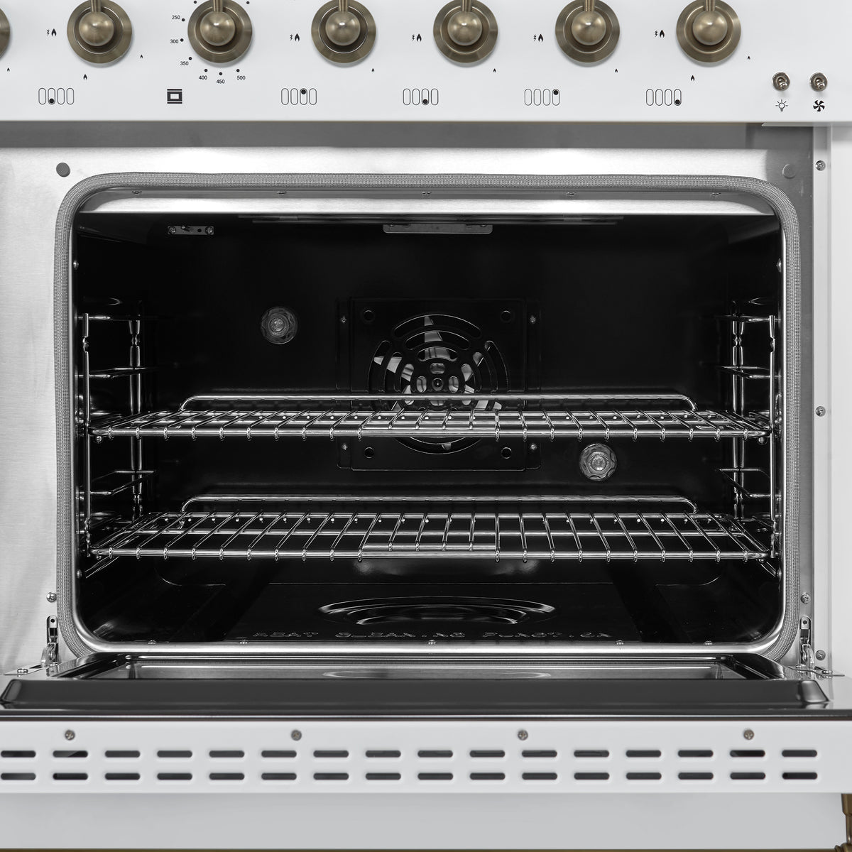 Forno Antico 48-Inch Dual Fuel Range, White with Antique Brass Finish, 8 Burners, 94,000 BTU, 5.5 cu.ft. Double Ovens & Griddle - Forno Appliances