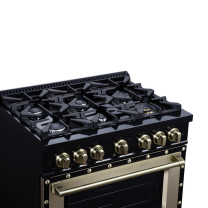Valente 36" Dual Fuel Range in Black, 6 Sealed Burners, 71 000 BTU Cooktop Output , 5.2 Cu.Ft. convection Oven, Telescopic Racks - Forno Appliances
