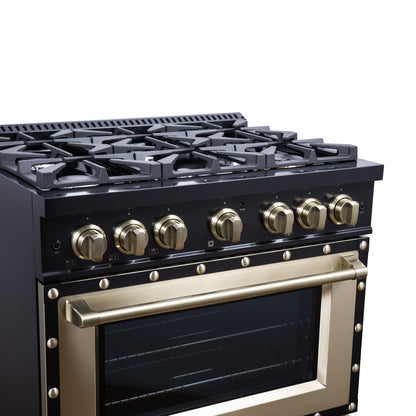 Valente 36" Dual Fuel Range in Black, 6 Sealed Burners, 71 000 BTU Cooktop Output , 5.2 Cu.Ft. convection Oven, Telescopic Racks - Forno Appliances