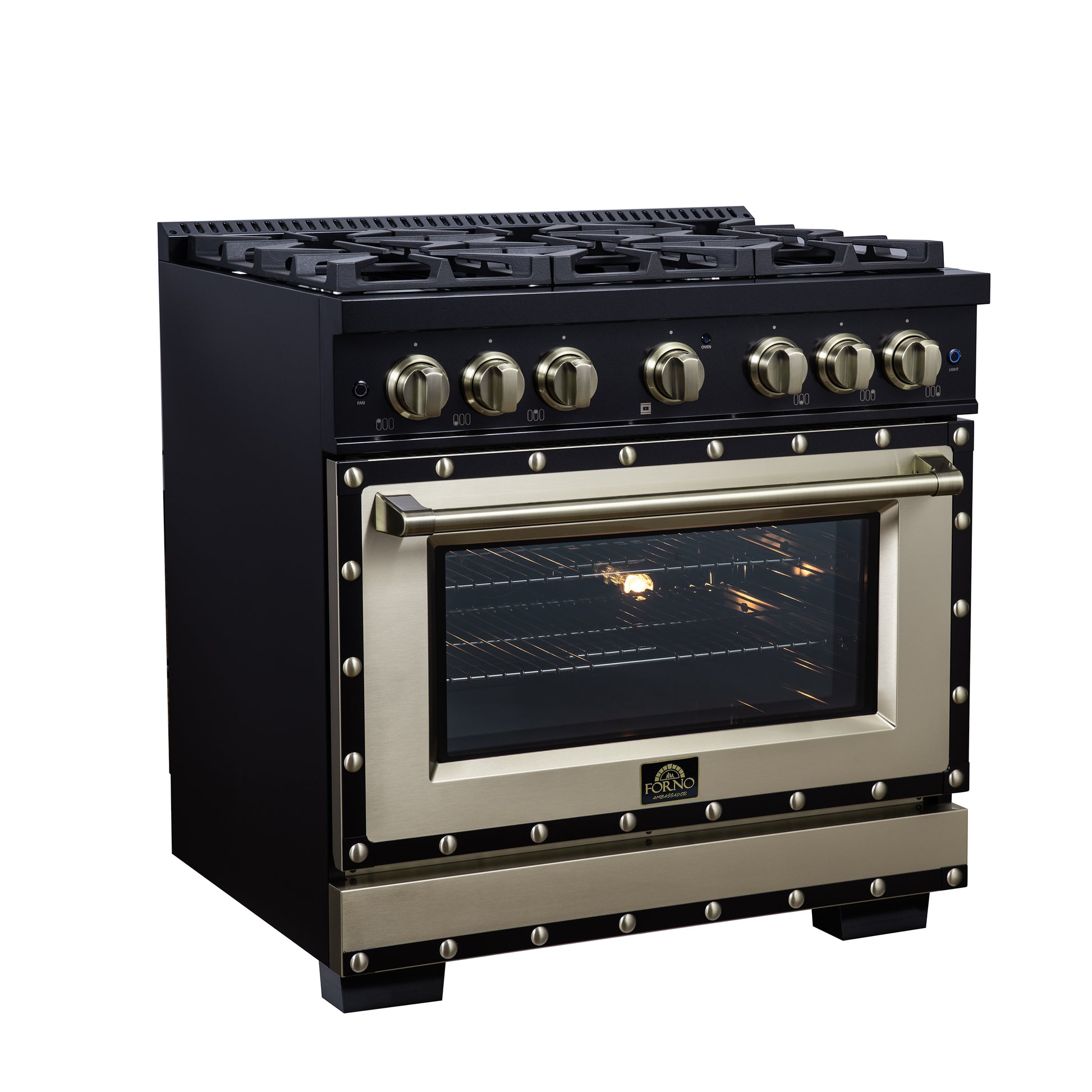 Valente 36" Dual Fuel Range in Black, 6 Sealed Burners, 71 000 BTU Cooktop Output , 5.2 Cu.Ft. convection Oven, Telescopic Racks - Forno Appliances