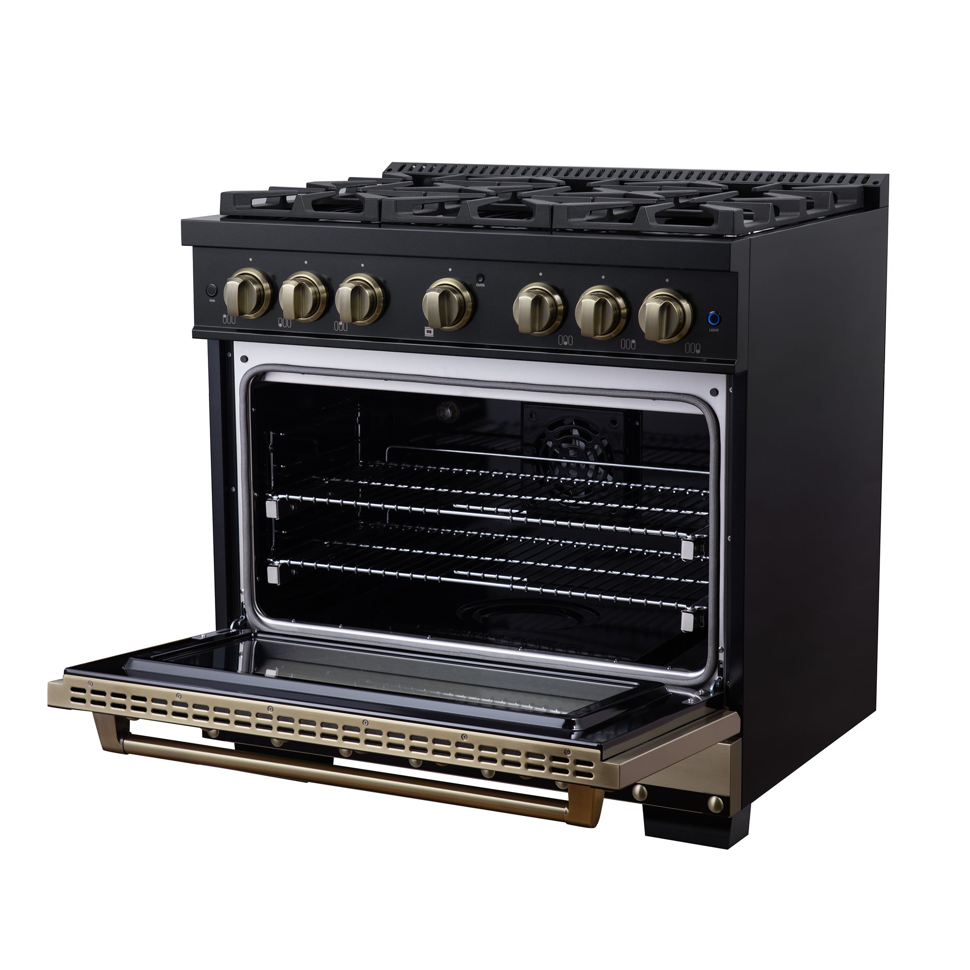 Valente 36" Dual Fuel Range in Black, 6 Sealed Burners, 71 000 BTU Cooktop Output , 5.2 Cu.Ft. convection Oven, Telescopic Racks - Forno Appliances