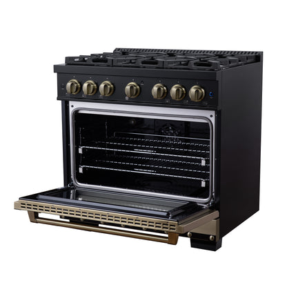 Valente 36" Dual Fuel Range in Black, 6 Sealed Burners, 71 000 BTU Cooktop Output , 5.2 Cu.Ft. convection Oven, Telescopic Racks - Forno Appliances