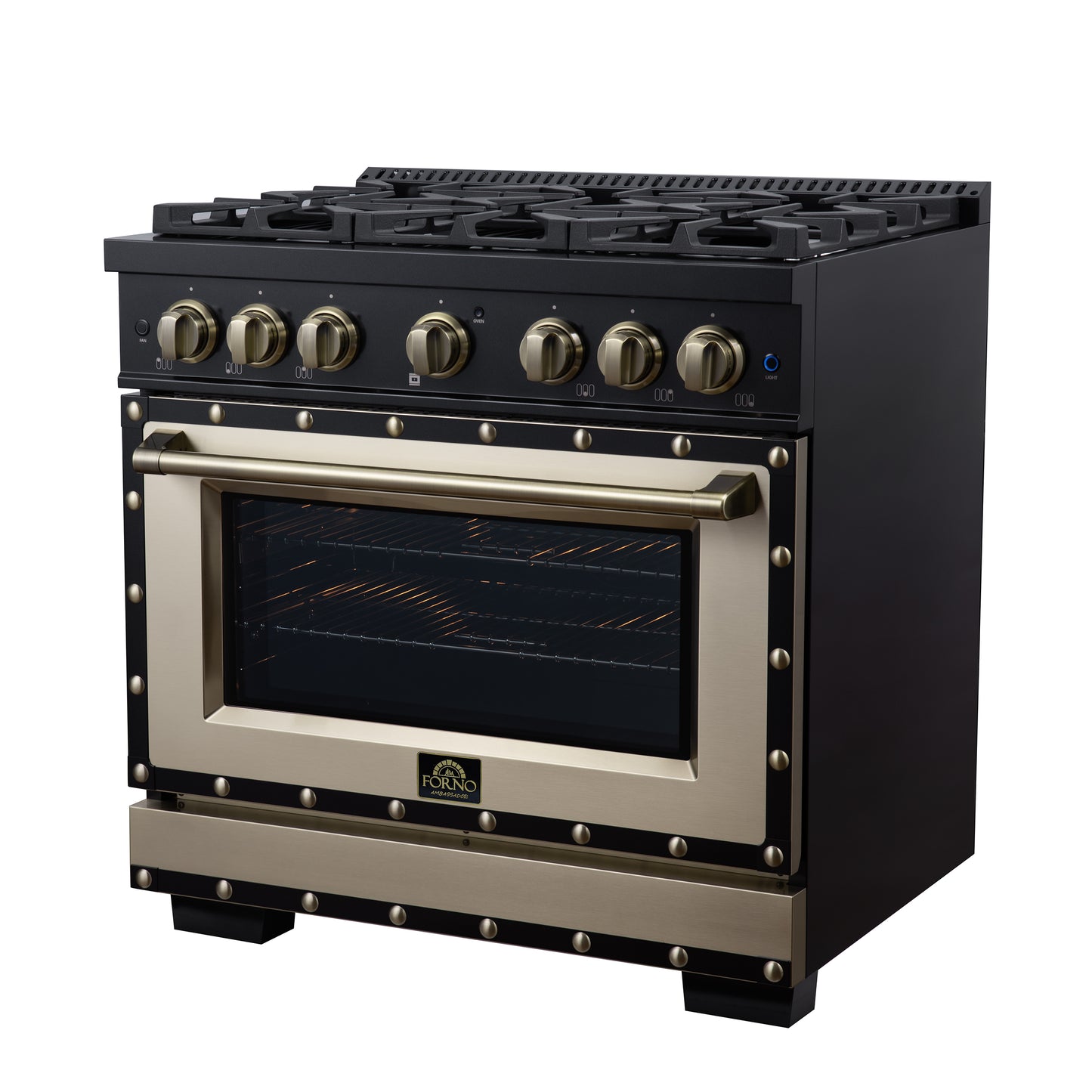 Valente 36" Dual Fuel Range in Black, 6 Sealed Burners, 71 000 BTU Cooktop Output , 5.2 Cu.Ft. convection Oven, Telescopic Racks - Forno Appliances