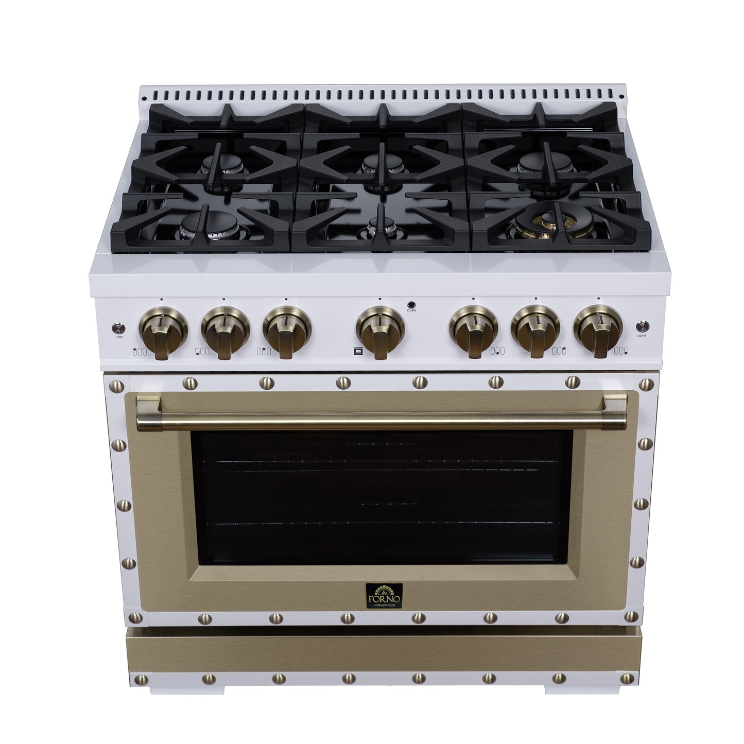 Valente 36" Dual Fuel Range in White, 6 Sealed Burners, 71 000 BTU Cooktop Output , 5.2 Cu.Ft. convection Oven, Telescopic Racks - Forno Appliances