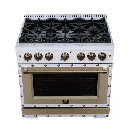 Valente 36" Dual Fuel Range in White, 6 Sealed Burners, 71 000 BTU Cooktop Output , 5.2 Cu.Ft. convection Oven, Telescopic Racks - Forno Appliances