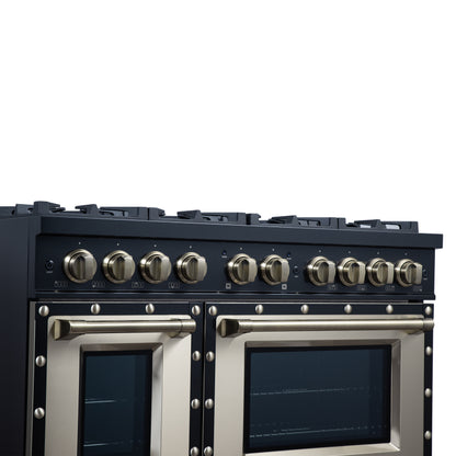 Valente 48" Dual Fuel Range in Black, 8 Sealed Burners, 94 000 BTU Cooktop Output, 6.7 Cu.Ft. Double Oven, Telescopic Racks - Forno Appliances