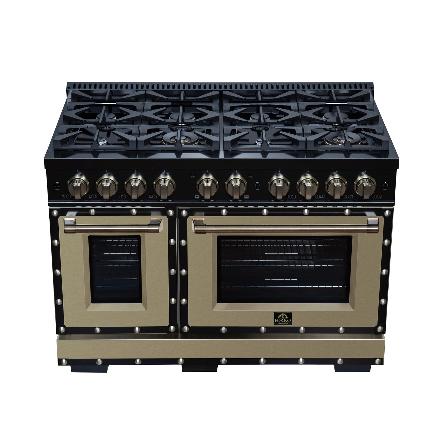 Valente 48" Dual Fuel Range in Black, 8 Sealed Burners, 94 000 BTU Cooktop Output, 6.7 Cu.Ft. Double Oven, Telescopic Racks - Forno Appliances