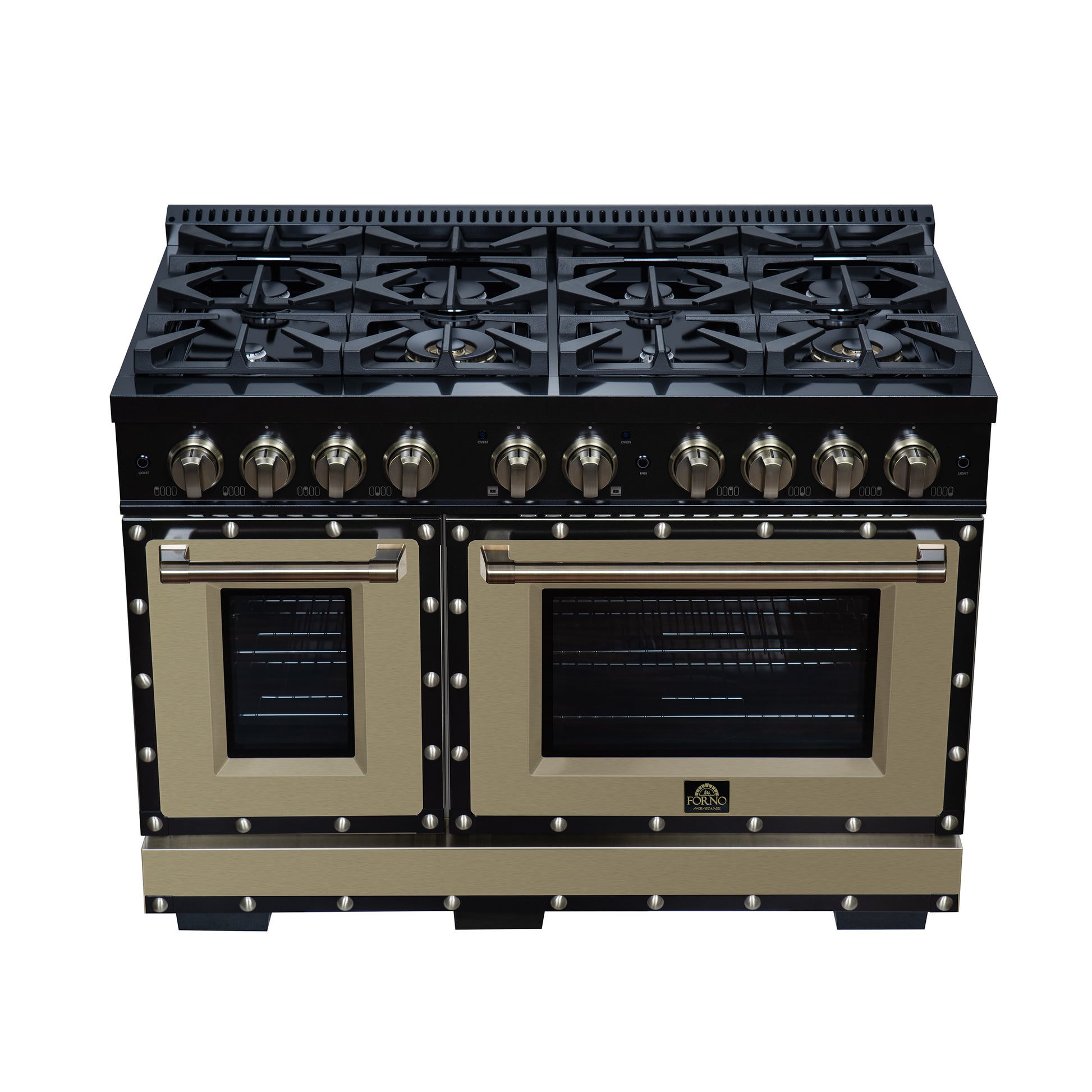 Valente 48" Dual Fuel Range in Black, 8 Sealed Burners, 94 000 BTU Cooktop Output, 6.7 Cu.Ft. Double Oven, Telescopic Racks - Forno Appliances