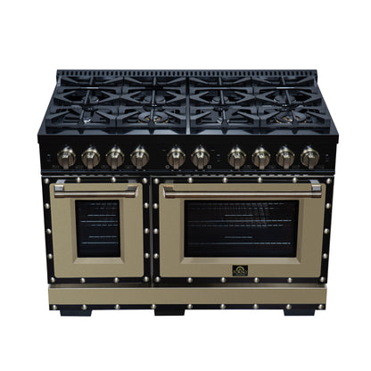 Valente 48" Dual Fuel Range in Black, 8 Sealed Burners, 94 000 BTU Cooktop Output, 6.7 Cu.Ft. Double Oven, Telescopic Racks - Forno Appliances