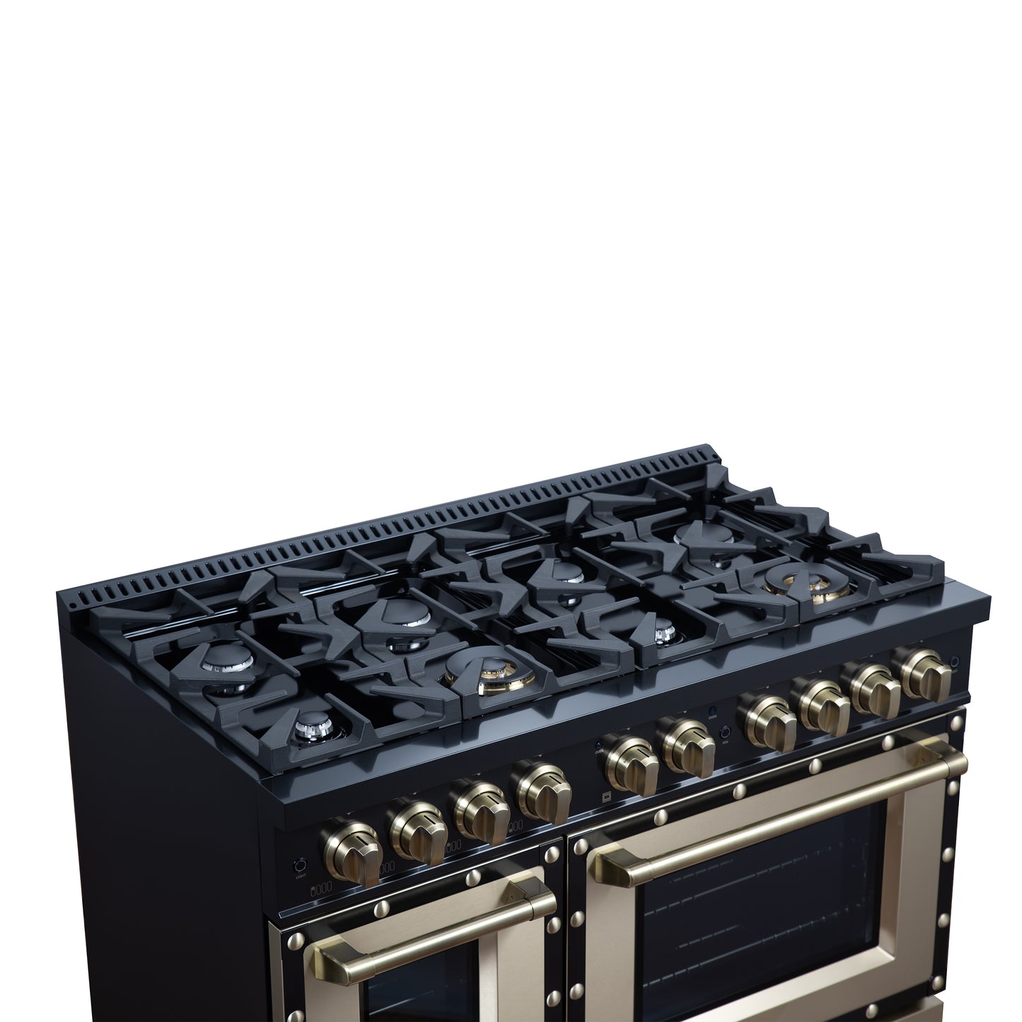 Valente 48" Dual Fuel Range in Black, 8 Sealed Burners, 94 000 BTU Cooktop Output, 6.7 Cu.Ft. Double Oven, Telescopic Racks - Forno Appliances