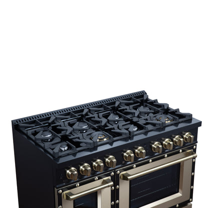 Valente 48" Dual Fuel Range in Black, 8 Sealed Burners, 94 000 BTU Cooktop Output, 6.7 Cu.Ft. Double Oven, Telescopic Racks - Forno Appliances