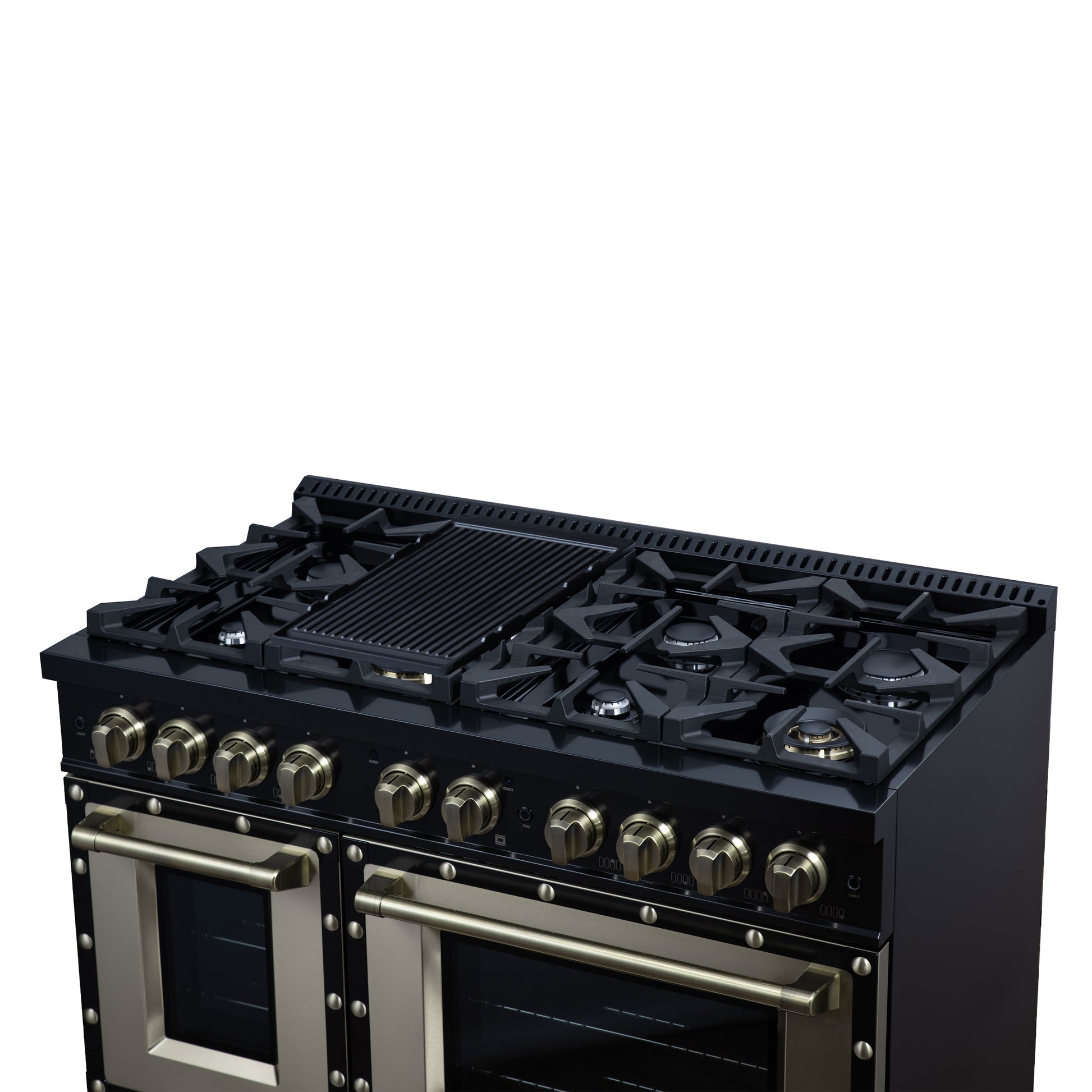 Valente 48" Dual Fuel Range in Black, 8 Sealed Burners, 94 000 BTU Cooktop Output, 6.7 Cu.Ft. Double Oven, Telescopic Racks - Forno Appliances