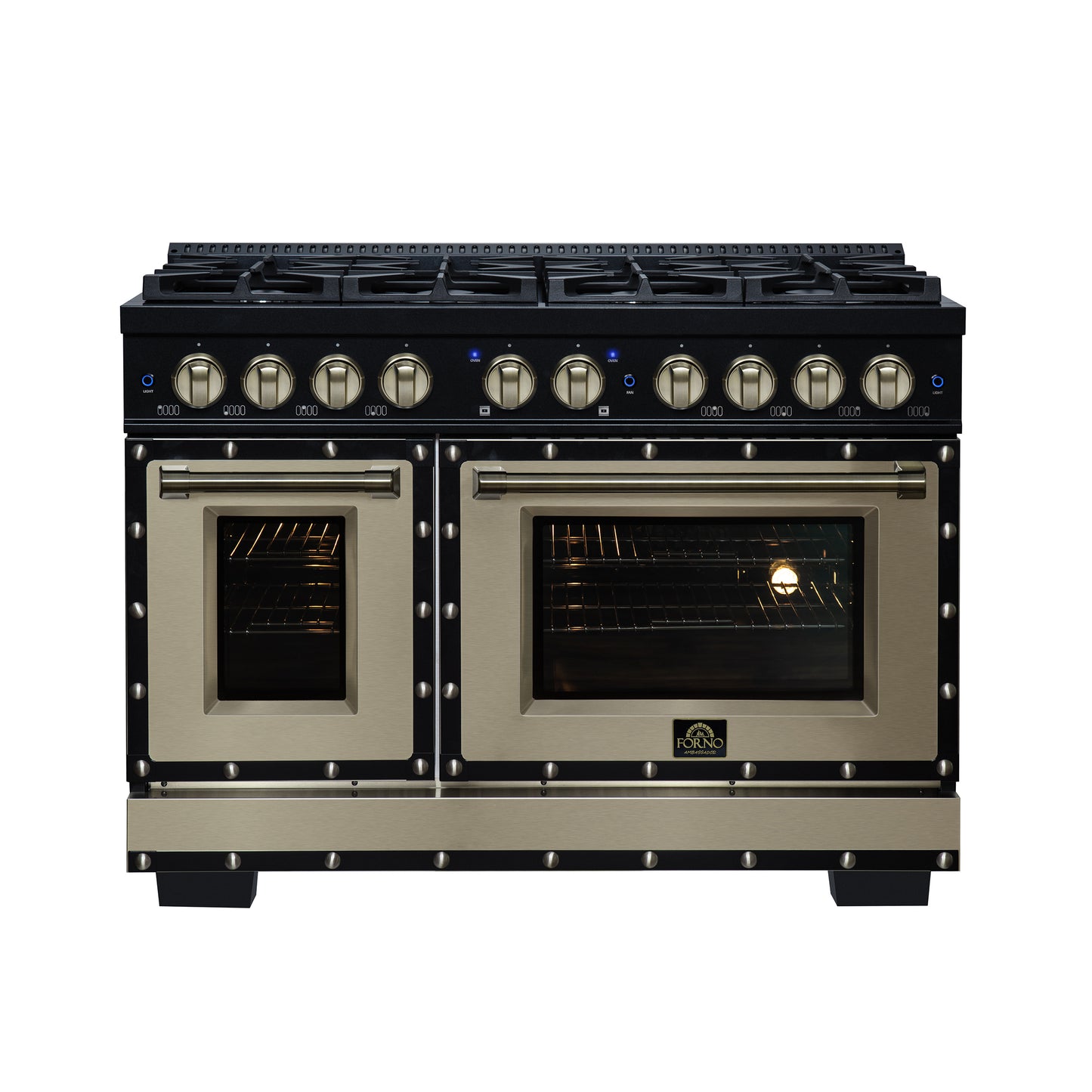 Valente 48" Dual Fuel Range in Black, 8 Sealed Burners, 94 000 BTU Cooktop Output, 6.7 Cu.Ft. Double Oven, Telescopic Racks - Forno Appliances