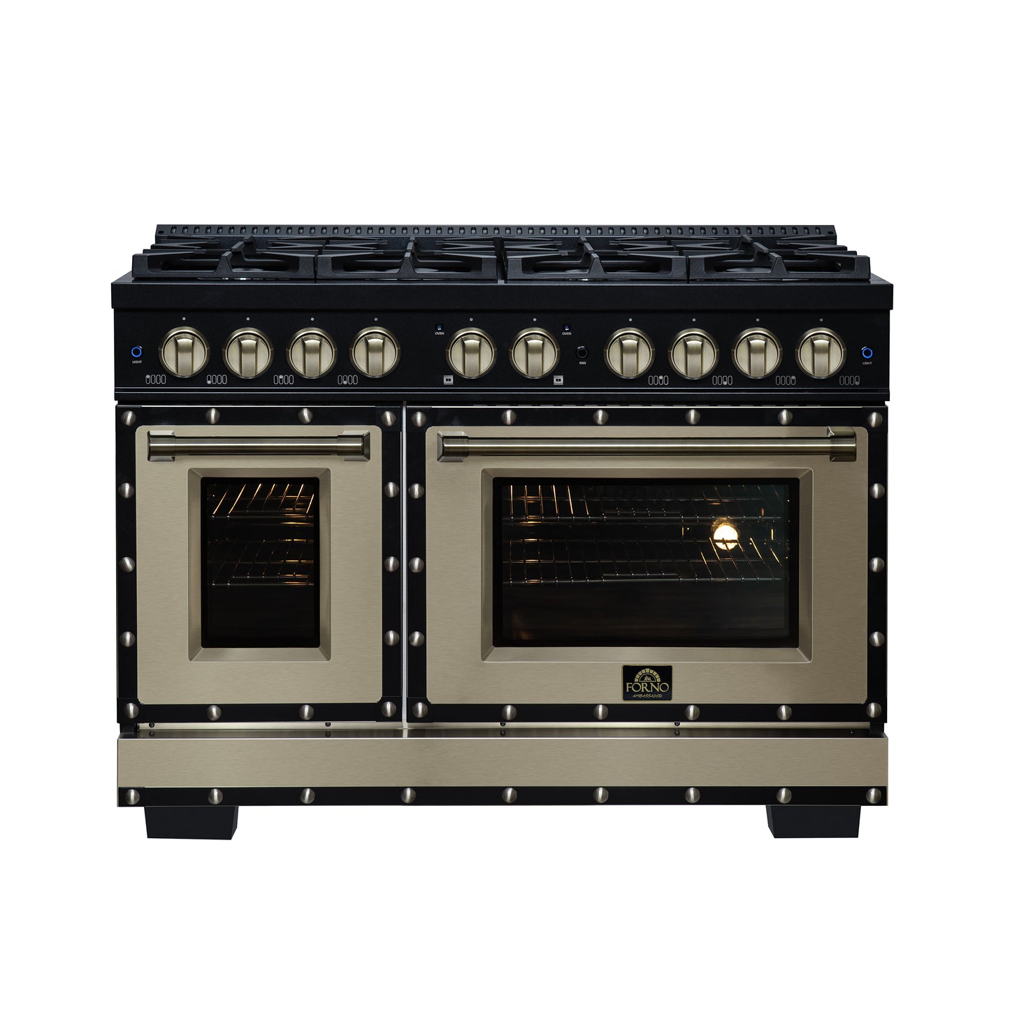 Valente 48" Dual Fuel Range in Black, 8 Sealed Burners, 94 000 BTU Cooktop Output, 6.7 Cu.Ft. Double Oven, Telescopic Racks - Forno Appliances