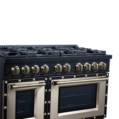 Valente 48" Dual Fuel Range in Black, 8 Sealed Burners, 94 000 BTU Cooktop Output, 6.7 Cu.Ft. Double Oven, Telescopic Racks - Forno Appliances