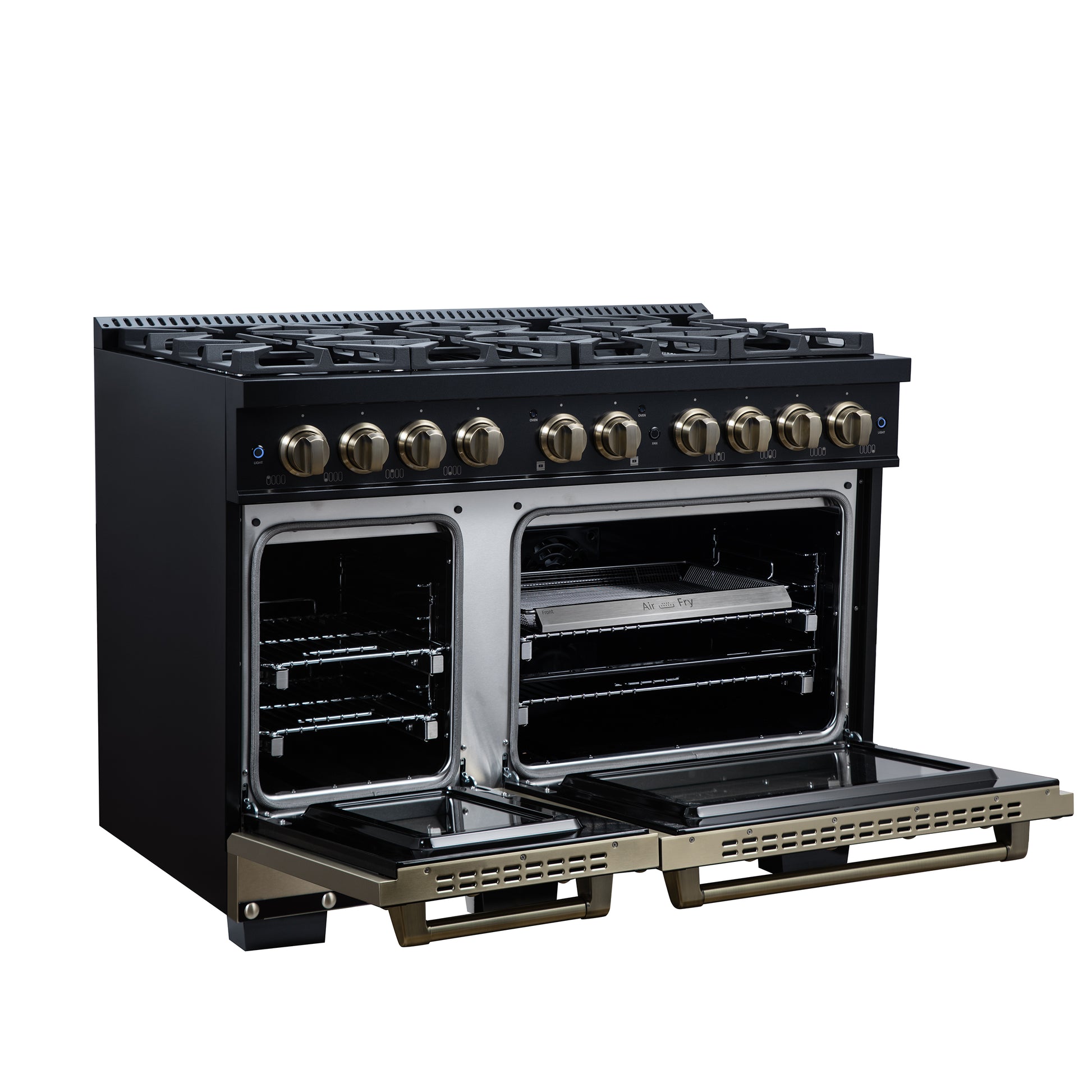 Valente 48" Dual Fuel Range in Black, 8 Sealed Burners, 94 000 BTU Cooktop Output, 6.7 Cu.Ft. Double Oven, Telescopic Racks - Forno Appliances