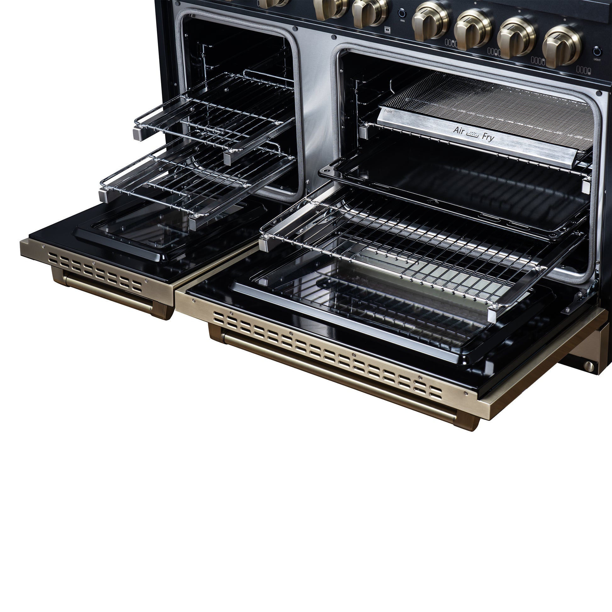 Valente 48" Dual Fuel Range in Black, 8 Sealed Burners, 94 000 BTU Cooktop Output, 6.7 Cu.Ft. Double Oven, Telescopic Racks - Forno Appliances