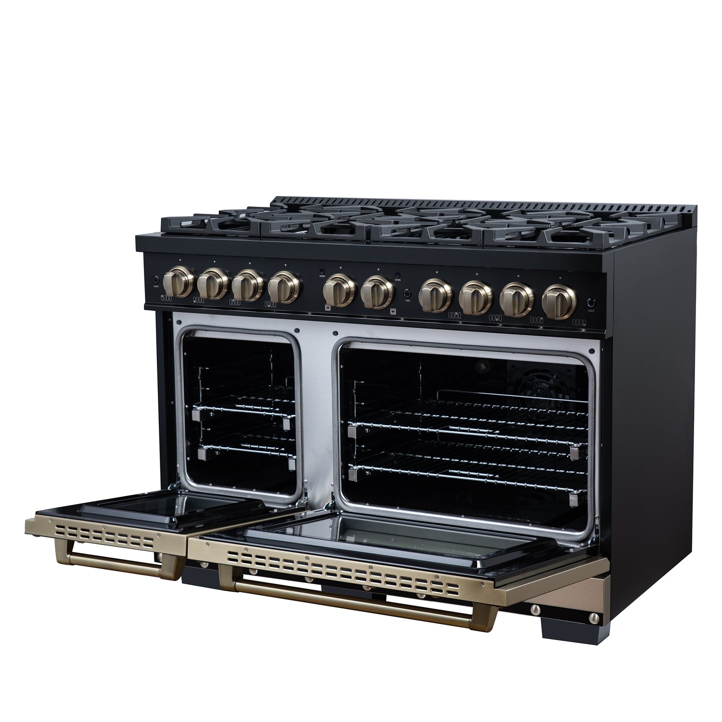 Valente 48" Dual Fuel Range in Black, 8 Sealed Burners, 94 000 BTU Cooktop Output, 6.7 Cu.Ft. Double Oven, Telescopic Racks - Forno Appliances